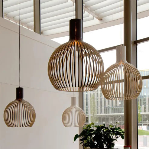 Scandinavische houten vogelkooilamp, japanse creatieve houten hanglamp