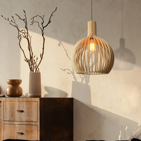 Scandinavische houten vogelkooilamp, japanse creatieve houten hanglamp