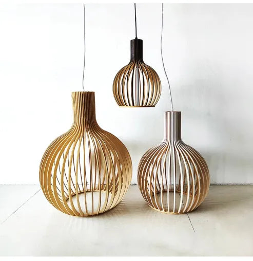 Scandinavische houten vogelkooilamp, japanse creatieve houten hanglamp