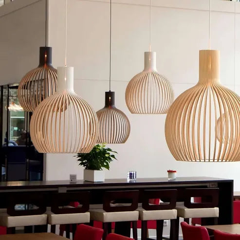 Scandinavische houten vogelkooilamp, japanse creatieve houten hanglamp