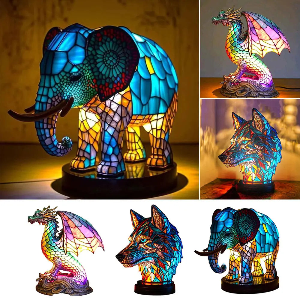 Dierlijke glans | lamp met glas in lood van dieren