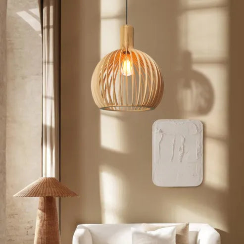 Scandinavische houten vogelkooilamp, japanse creatieve houten hanglamp