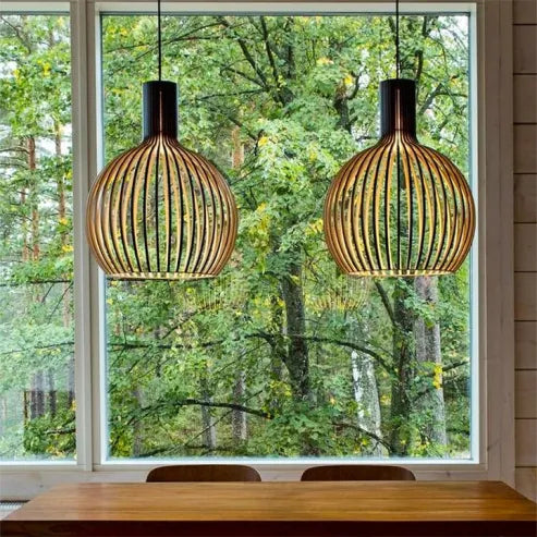 Scandinavische houten vogelkooilamp, japanse creatieve houten hanglamp