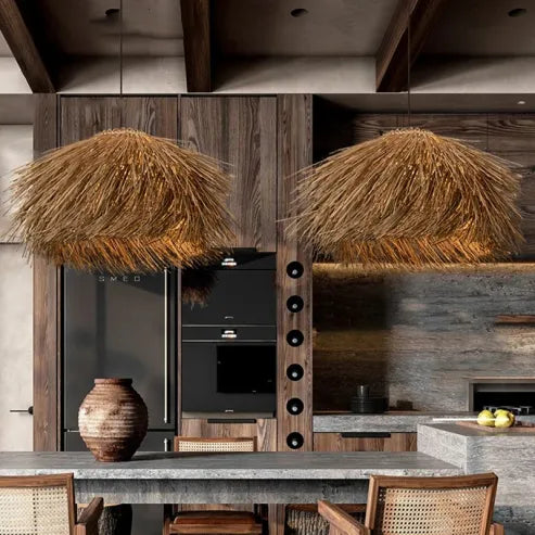 Vintage graskroonluchter in Japanse stijl, rotan hanglamp