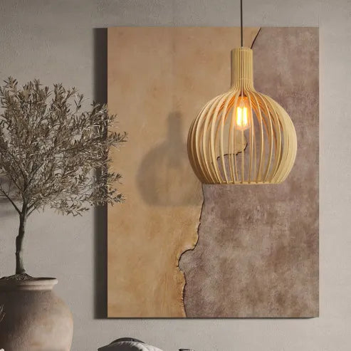 Scandinavische houten vogelkooilamp, japanse creatieve houten hanglamp